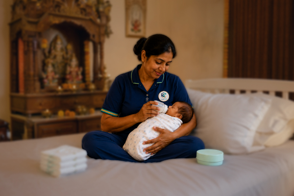 24-hour nanny feeding an infant at home